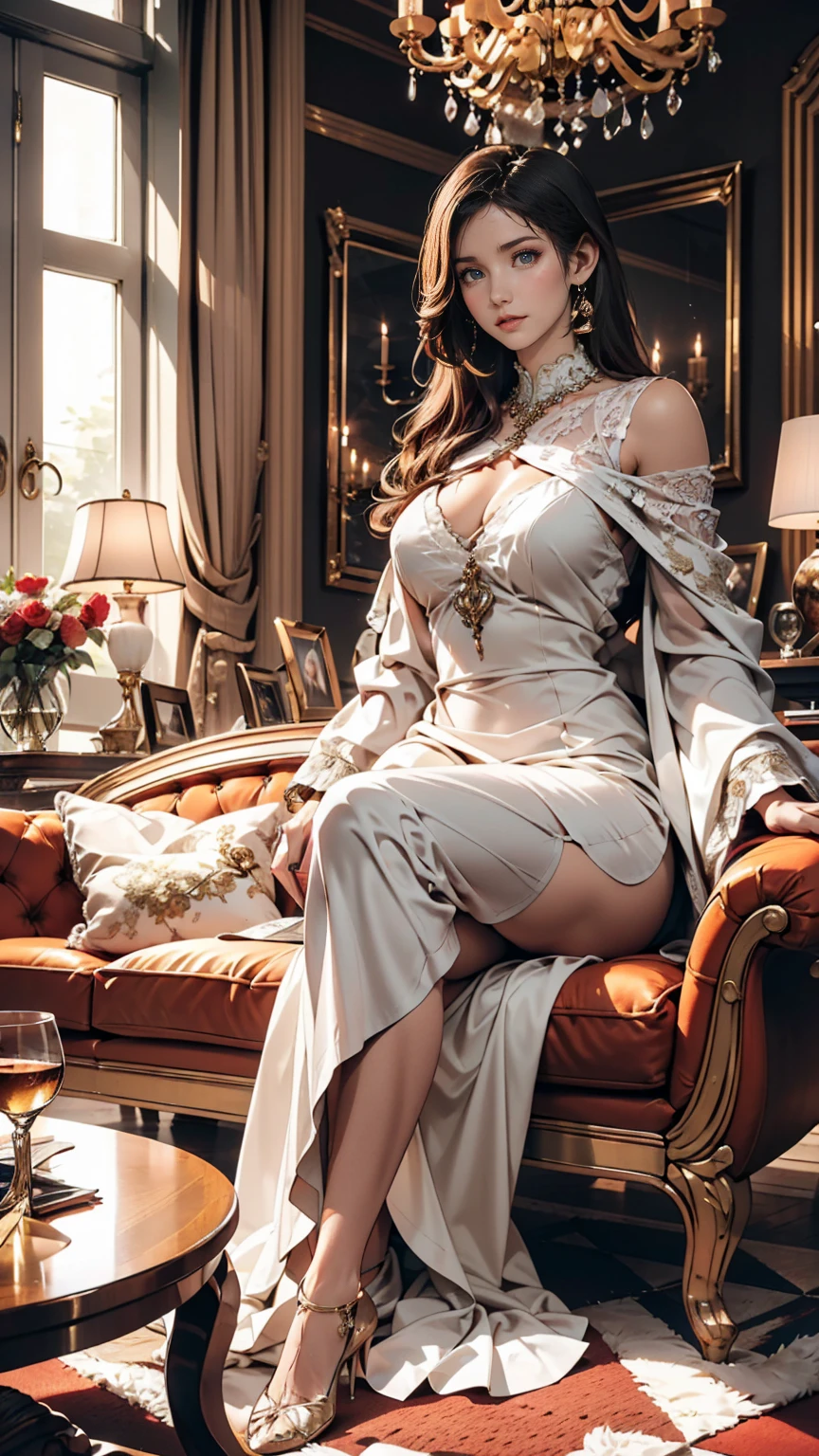 European-style decorated living room, Luxurious and sophisticated atmosphere. Exquisite interior details highlight the room's sophisticated style, Carefully considered decorative design adds the perfect finishing touch、Caucasian woman wearing a luxurious dress、Sit on a one-seater sofa、Crossing your legs、rest one's chin on one's arm