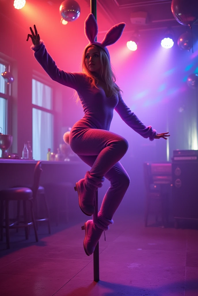 girl in purple bunny suit pole dancing