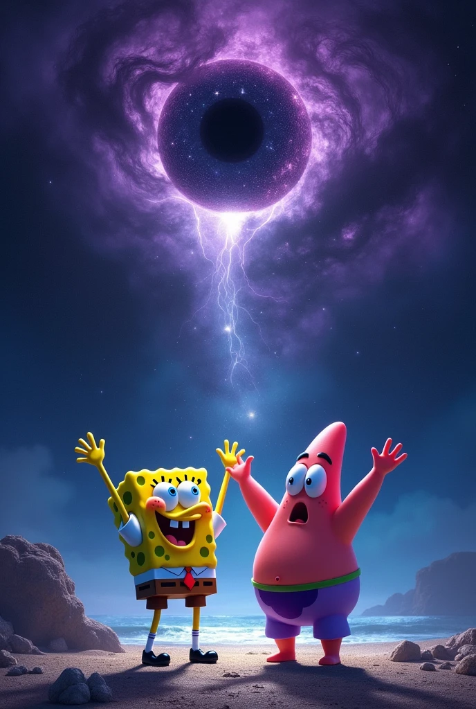 Make Spongebob , patrick star raising his hands while giving away his energy and looking at the dark sky with a cosmic dark eye, around the eyes there is black smoke 
