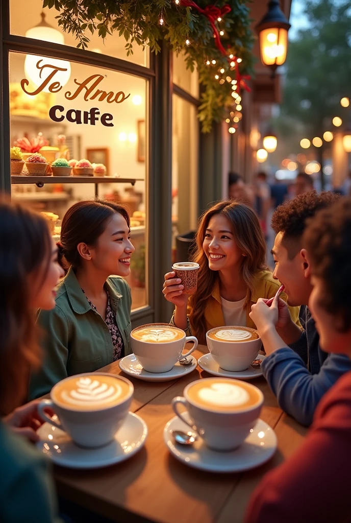 Create hd poster for Te amo Cafe grand opening on 21th August with cuppuccino drinking people background