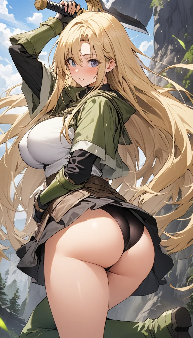 Ultra-high definition image quality、beautiful girl、Female Swordsman、Light Armor、Green Boots、Long Hair、blonde、20-year-old、have confidence々face、Very short tight skirt、Cowgirl、wilderness、Highest quality,Big Ass、Big Breasts、Thighs、Grasping the hilt of the holy sword Excalibur、Black panties、Kick off with your feet and jump、Joan of Arc style clothing、Wind King Barrier、Her hair is fluttering in the wind、The Sword of Promised Victory、god々Wearing a bright aura、Big Ass、Valkyrie
