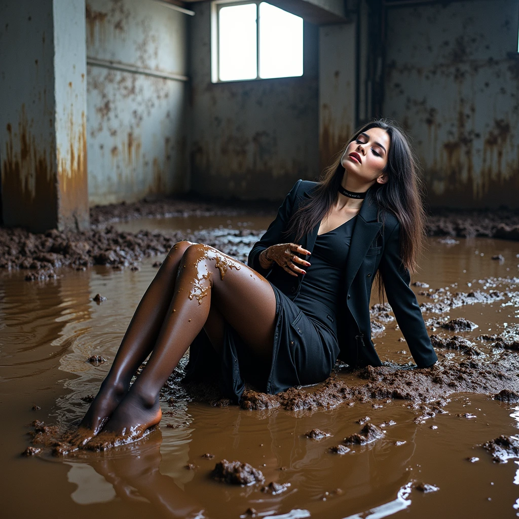 A captivating and color photo of one business goth lady, exuding a slender, model-like appearance with long hair. She is dressed in black long classic business skirt, black dirty business jacket. vest, shirt, torn stockings, black choker on the neck. She located in very muddy and very flooded field. She crawling on her knees and 2 elbows  in flirtatious and provocative pose deep in the water and liquid mud ,dips her head in the liquid mud and very tears her clothes and gets stuck in mud,  but fully clothed in business skirt suit, she smear a lot of liquid mud on own clothes and torn and rip it by hand. All her clothes is dirty, torn, ripped and sloppy, her skirt and jacket are very stained in a liquid mud and dirt. She look like have played in mud in a large swamp with brown liquid mud, her clothes covered with liquid mud from head to toe. The studio light brilliantly illuminates all her clothes in details, casting small shadows and emphasizing the texture of the mud, milk on her clothes. Please focus on stains of liquid mud on her clothes. View angle of the camera from top and  from backs of the business lady  and rotated left.