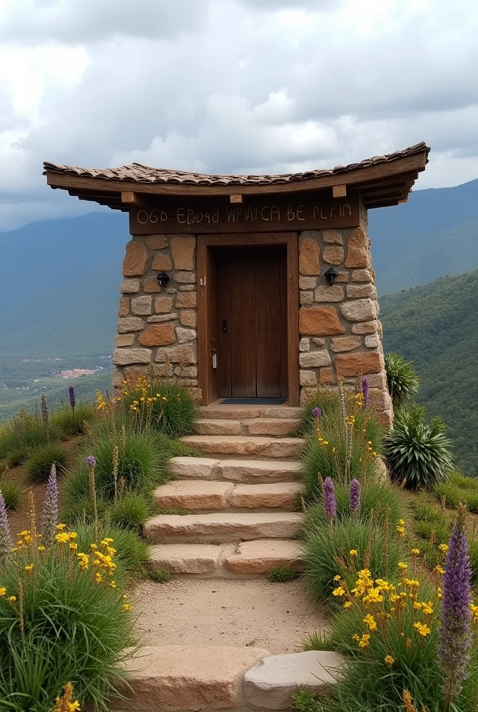 Simple open-air viewing point that is not like a house that is without walls on a summit with traditional architecture of wood carvings that also uses stone that is from Samaipata Bolivia that the roof is flat