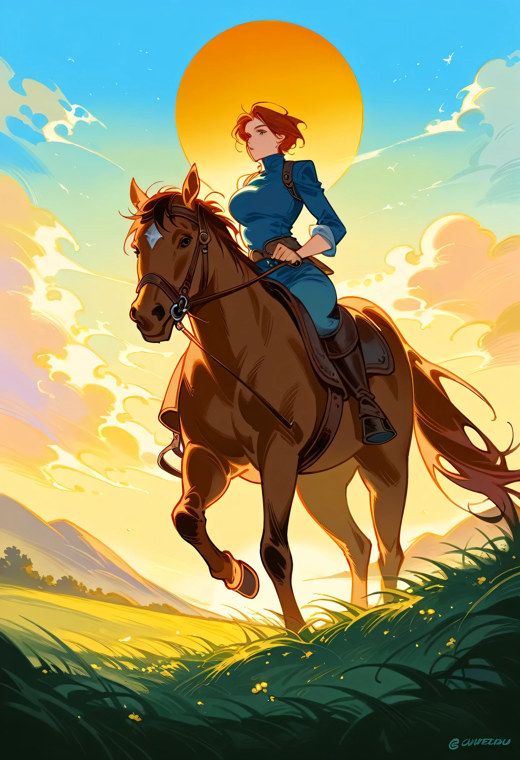 painting of a woman riding a horse in a field with a sun setting, inspired by Jakub Schikaneder, by Jakub Schikaneder, alphonse mucha and alena aenami, by Andrew Robinson, inspired by Jeffrey Catherine Jones, jeffrey catherine jones pose, guweiz masterpiece, jen bartel, by Jeffrey Catherine Jones, sergey kolesov