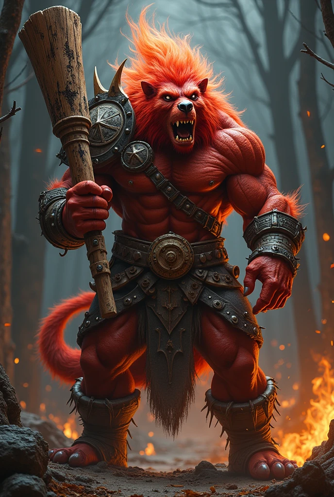 Beastman red fur fangs growl scream armor large spines steel muscular giant wooden club fire mane