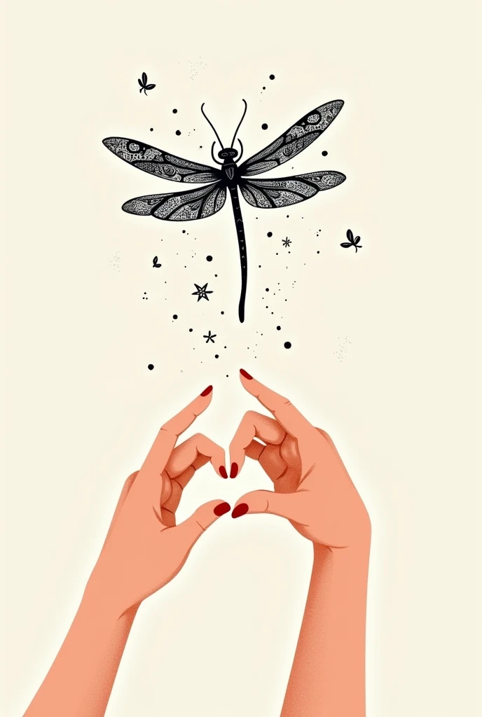Heart shaped hands with black and white dragonfly not realistic doodle style NOT REALISTIC