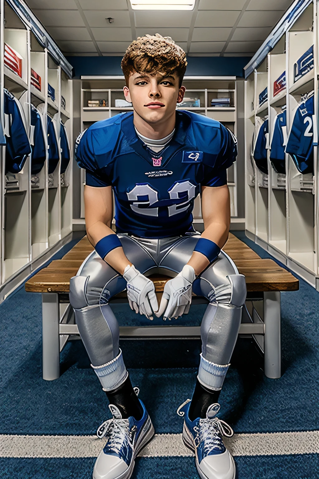 in a locker room, lockers in the background, sitting on a bench, slight smile, JakePreston, wearing American football uniform, (American football shoulder pads), (blue jersey:1.5), jersey number 2, (pale silver football pants and pads:1.3), (blue socks:1.4), (black sneakers:1.4), (((full body portrait))), wide angle  