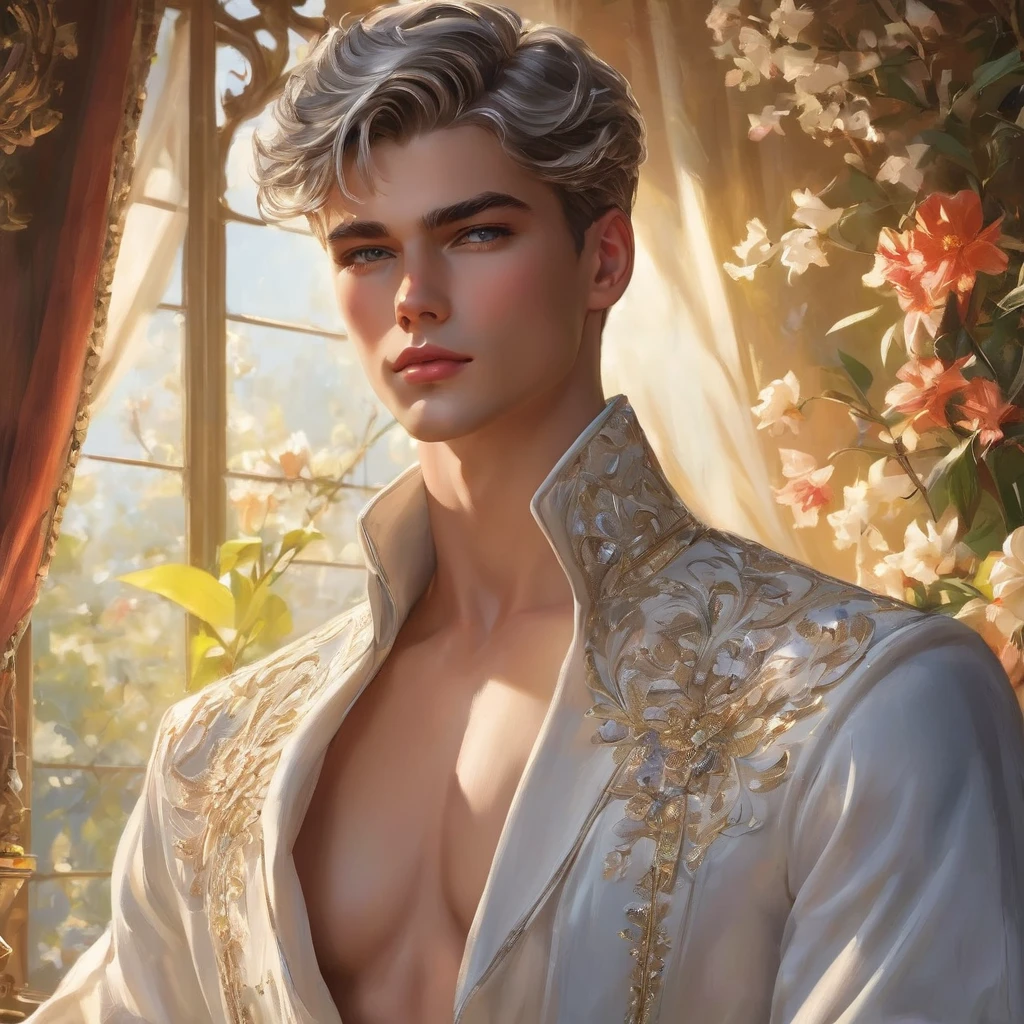 In this breathtaking artwork, miniature doll-sized male models, inspired by the iconic supermodels Sean O’Pry and Lucky Blue Smith, take center stage in a vibrant scene reminiscent of a Ken doll fantasy. With jointed doll features and porcelain-like skin, these charming figures boast an irresistible blend of sophistication and natural beauty.
Sporting short silver-gray undercut hairstyles, Wearing small white embroidery-detailed thong, he has toned chest and abs and he exudes sophistication and elegance against the backdrop of a luxury bedroom. The room is adorned with 1915 Oriental theme, surrounded by luxury exotic furniture, velvet drape curtains, and colorful wildflowers, creating a vibrant and enchanting atmosphere. The robe is open up, revealing his toned chest and abs.
Captured from a dynamic angle, over shoulder look photo showcases the models amidst the meticulously arranged Employing three-point lighting and incorporating 3D animation shadows, the photographer enhances the models' features, resulting in an image of unparalleled realism and detail.
using a Canon EOS R6 and Sigma AF 24mm F1.4 EX DG HSM lens by Thomas Synnamon, the focus of the photo is on his captivating presence and the intricate details of the surroundings, Utilize natural soft lighting, casting gentle highlights and shadows that accentuate the contours of his face and body, The light creates a warm intimate atmosphere with a soft golden tone that enhances his skin,
With its dramatic composition and seductive lighting, this masterpiece invites viewers to immerse themselves in a world of charm and sophistication. It celebrates the beauty of the male form while capturing the essence of a fun-filled day, where joy and relaxation abound.