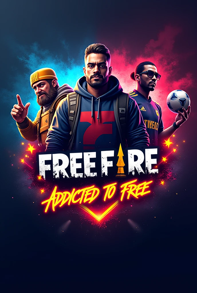 Create me a symbol that contains the free fire logo, and that has the pekka of clash of clans and the one of fifa mobile, and a phrase that says addicted to free.