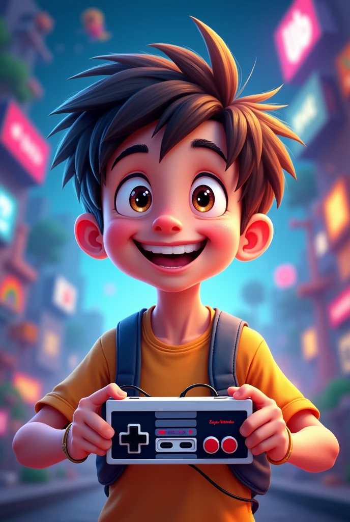 Create an avatar of a young boy holding a Super Nintendo joystick in his hand. The image should be a front-facing profile view, capturing the boy's expression and the details of the controller. The style should be inspired by Disney's cartoon aesthetics, with smooth lines, expressive eyes, and vibrant colors. The boy should look lively and enthusiastic, reflecting the joy of playing classic games
