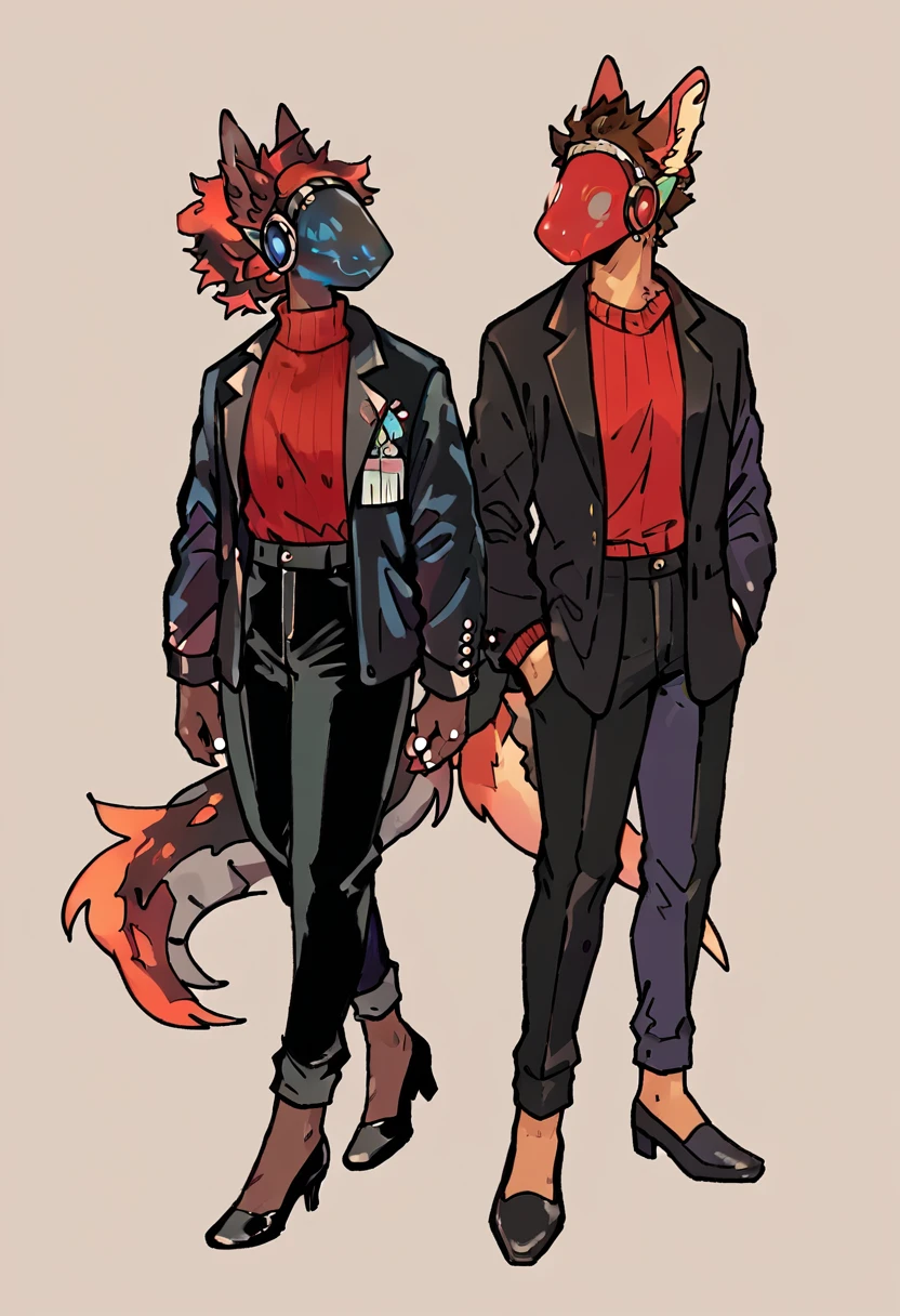 Beautiful profile portrait of dark chestnut brown hairy Protogen wearing a fire red sweater, elegant black pants, black shoes, Elegant black jacket and details on the protogen visor in red