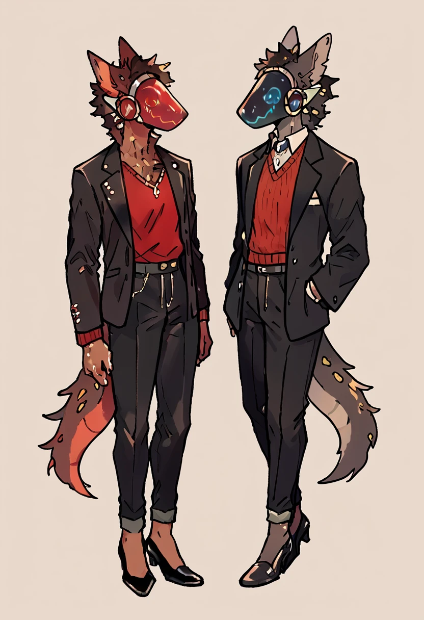 Beautiful profile portrait of dark chestnut brown hairy Protogen wearing a fire red sweater, elegant black pants, black shoes, Elegant black jacket and details on the protogen visor in red