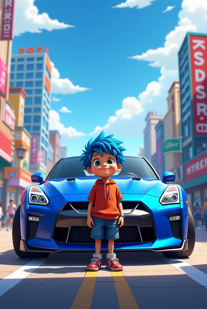 An animated male child character with blue hair in front of an animated blue Nissan GTR r35
