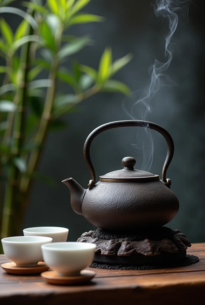 cast iron kettle(Detailed description of the texture of iron)teapot(Make tea、There is smoke),Place it on the kiln-burning charcoal stove.Exquisite white ceramic glaze small teacup set on wooden coasters. Dark tone foggy gradient bokeh background.Inspired by the tea ceremony scene, cozy atmosphere, Zen and calm, A taste of serenity and zen, Warm and respectful atmosphere, Comfortable environment, Just relax, feeling of happiness, Afternoon light and shadow.high quality. High style.Zen style bamboo branches and leaves background(best quality)(intricate details)(leave a big blank)Minimalism, romanticism, Chiaroscuro, outer boundary, Ultra high quality, masterpiece, anatomically correct, Super detailed, best quality.Nice photos