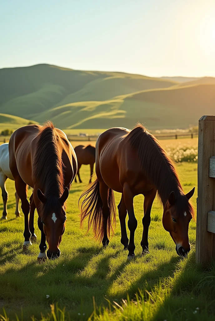 Beautiful horses on green plain old wooden fence 