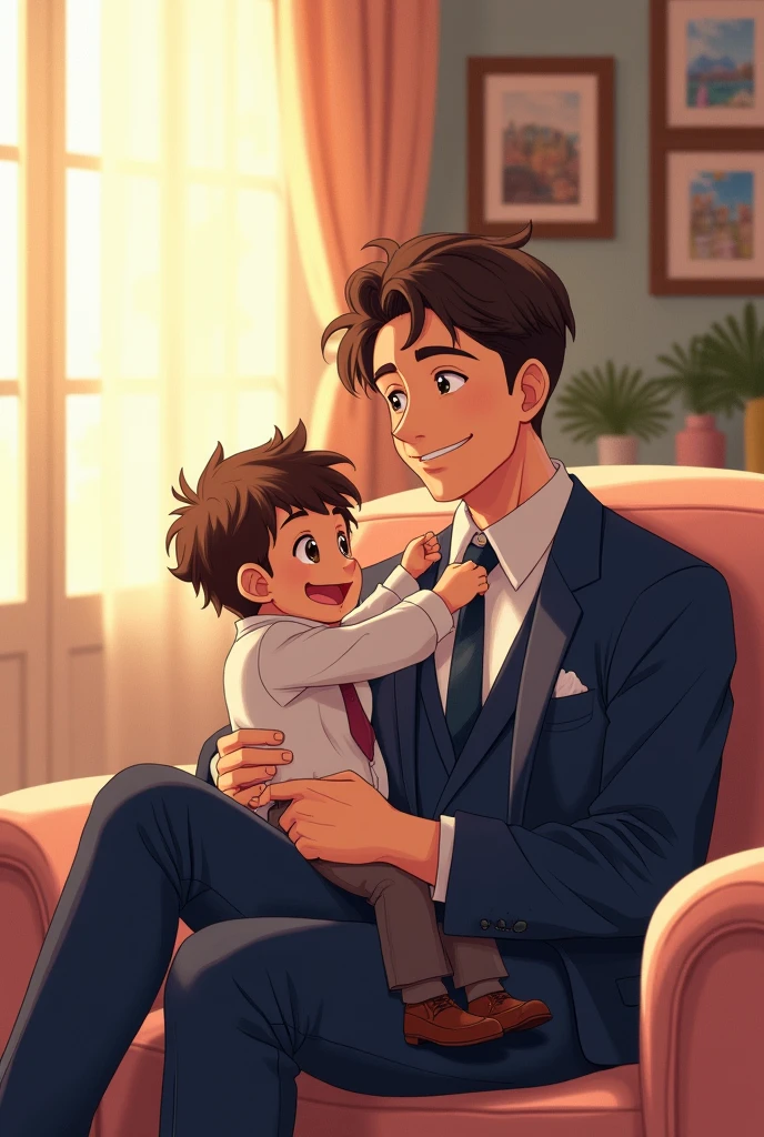 anime style drawing of a man in a suit with his son on his lap realistic