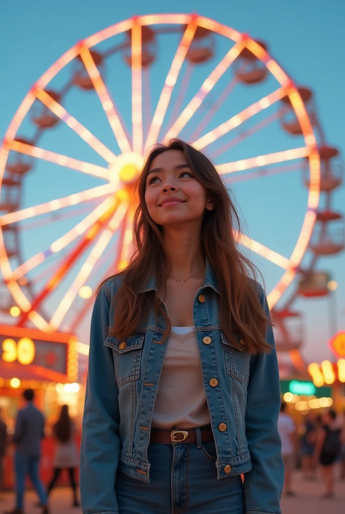 At an amusement park in front of the Ferris wheel, make her happy with a denim skirt and denim jacket and boots, The character has long, straight, and untidy brown hair. She has soft, delicate facial features, with bright, expressive yellow eyes that reflect a serene and thoughtful expression. Her skin is fair and she is beautiful, do it in the Disney Pixar style. Make image 9:16.