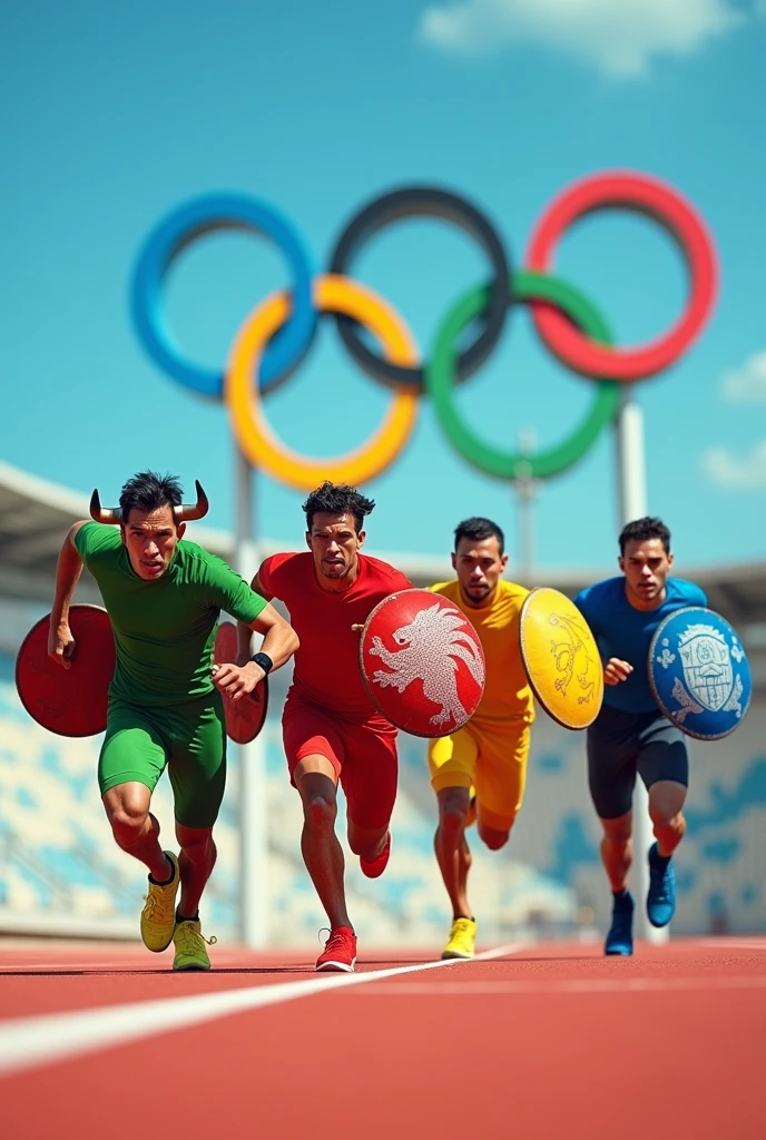Four runners competing on an athletic track. Among the four athletes there must be one athlete in a green uniform with a bull shield, athlete in red uniform and with dragon shield, athlete in yellow uniform with lion shield and athlete in blue uniform with eagle shield. In the background the large, colorful Olympic rings

