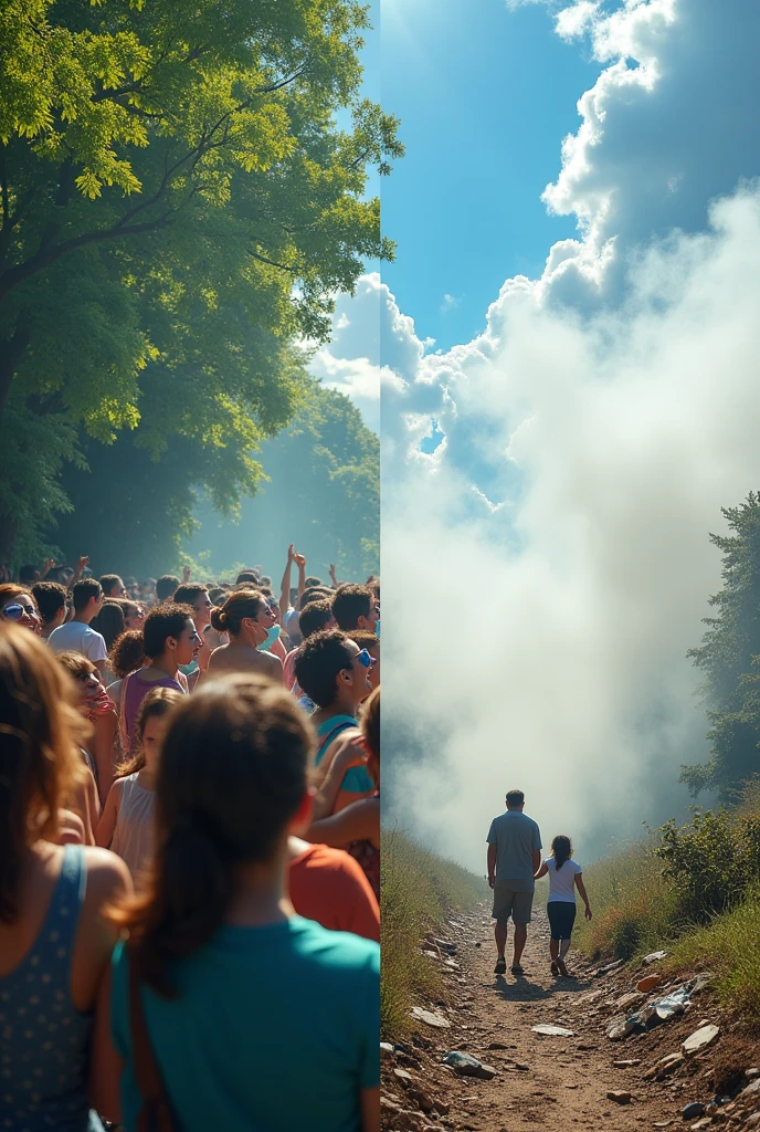 An image where half the people are happy and free from pollution and the other counterpart is contaminated