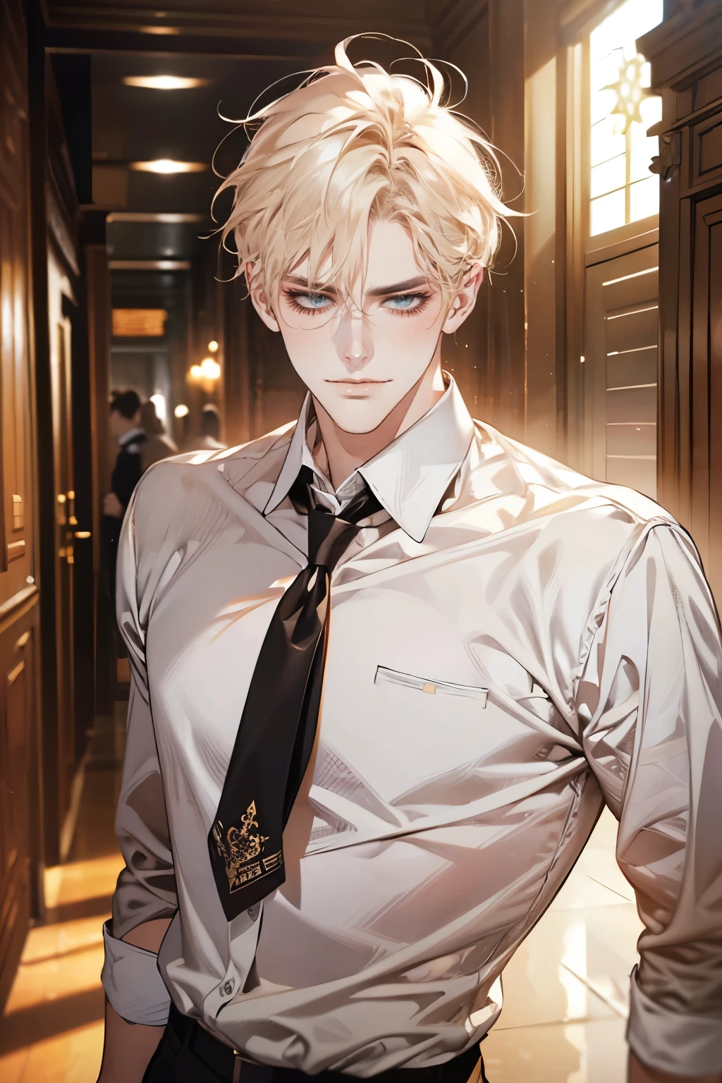 (tmasterpiece, high resolution, ultra - detailed:1.0), (1 boy, Young male, masculine face), Perfect male body, tall and strong, Adult male, Delicate eyes and delicate face, Extremely detailed CG, Unity 8k wallpaper, Complicated details, Detailed face, (blond hair, messy hair, serious faces, white shirts,Bad students), (frown,evil smile:1.3), stad in school corridor, street style, color difference, Depth of field, dramatic shadow, Ray tracing, Best quality, Cinematic lighting, offcial art,Portrait