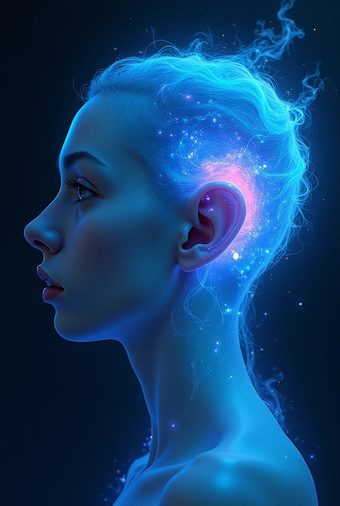 Drawing of normal ears with spiritual ears in neon blue tones realistic supernatural