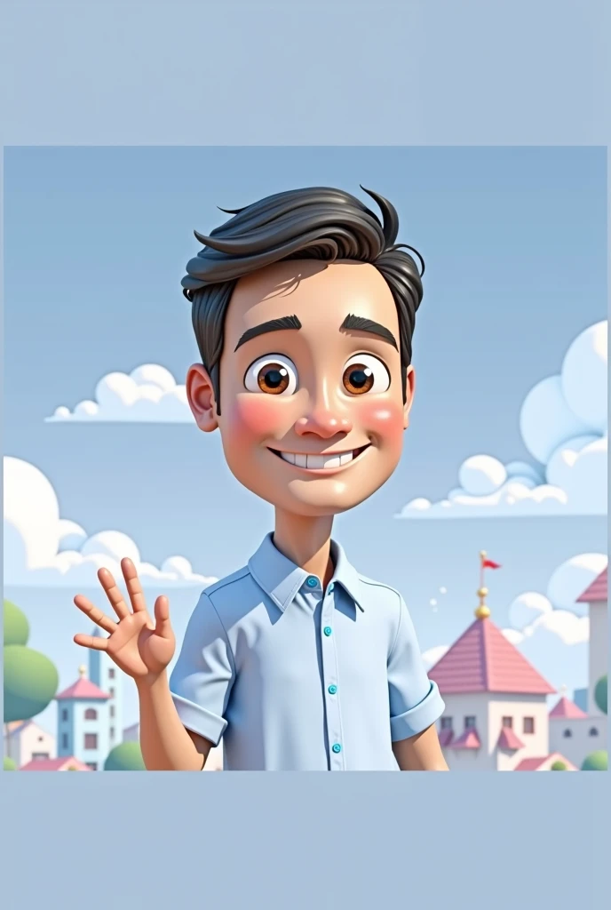 Cartoon character of a man blue shirt, 45 years old adult, an animated character, stylized character, animation style rendering, 3d stylized, smiling and making a stop sign with your hand