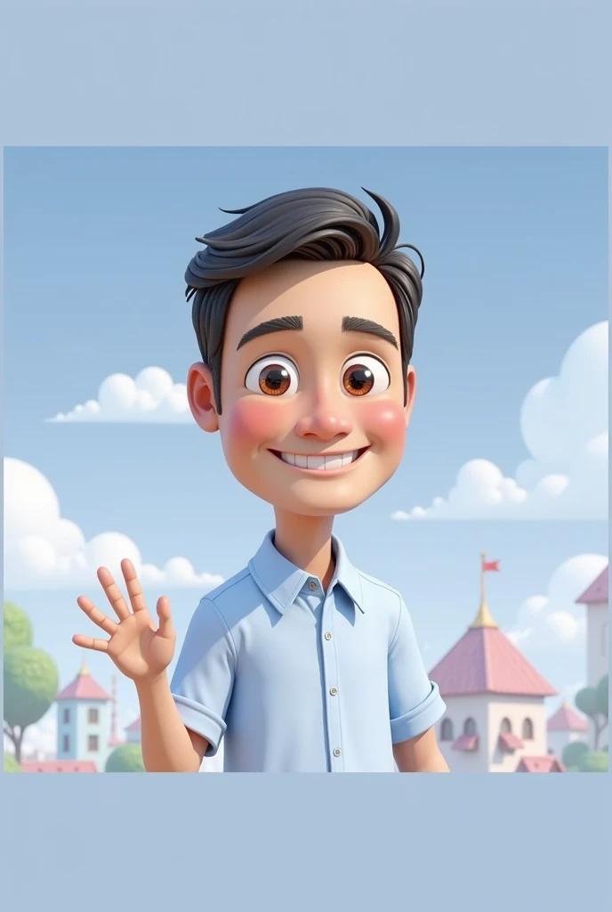 Cartoon character of a man blue shirt, 45 years old adult, an animated character, stylized character, animation style rendering, 3d stylized, smiling and making a stop sign with your hand