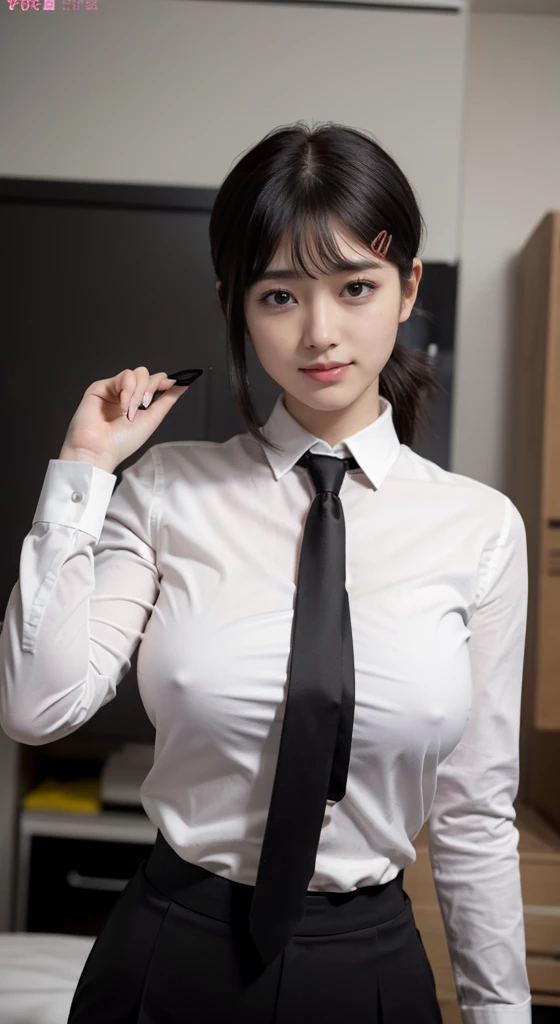 Highest quality、Ultra-high resolution、Professional Lighting、Detailed Background、workroom、full body,Kobeni-chan、A sloppy smile、25-year-old woman、beautiful girl、(Kobeni-chan、Jet black hair, Black Hair, bangs, One-sided hair,)、(Red Hair Clip:1.1)、(White shirt:1.2)+(Black tie:1.2)+(black long pants for work:1.2)、(Huge breasts that look like they might burst:1.2)、(Big thighs:1.1)、Are standing、Model pose, sleevless shirt