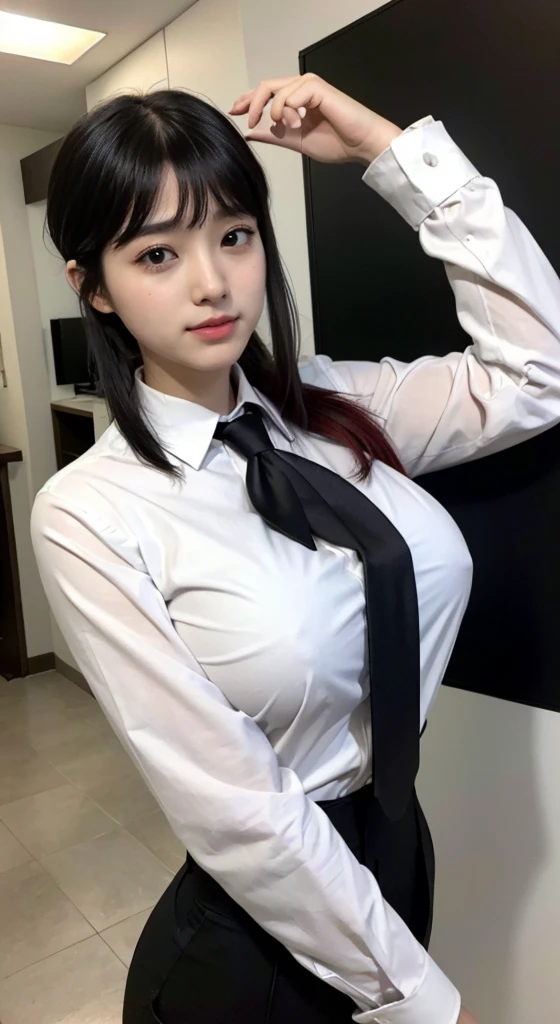 Highest quality、Ultra-high resolution、Professional Lighting、Detailed Background、workroom、full body,Kobeni-chan、A sloppy smile、25-year-old woman、beautiful girl、(Kobeni-chan、Jet black hair, Black Hair, bangs, One-sided hair,)、(Red Hair Clip:1.1)、(White shirt:1.2)+(Black tie:1.2)+(black long pants for work:1.2)、(Huge breasts that look like they might burst:1.2)、(Big thighs:1.1)、Are standing、Model pose, sleevless shirt