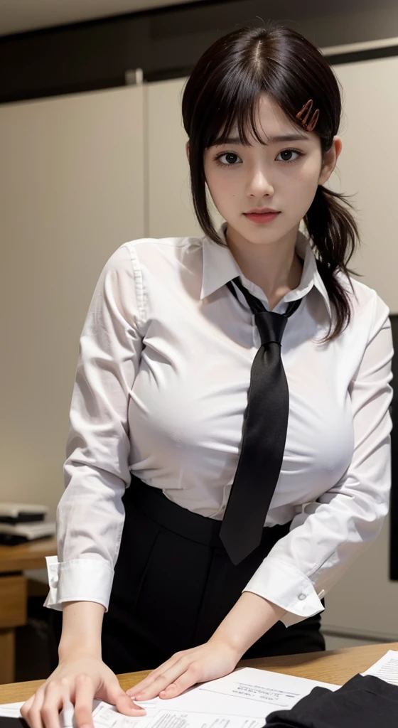 Highest quality、Ultra-high resolution、Professional Lighting、Detailed Background、workroom、full body,Kobeni-chan、A sloppy smile、25-year-old woman、beautiful girl、(Kobeni-chan、Jet black hair, Black Hair, bangs, One-sided hair,)、(Red Hair Clip:1.1)、(White shirt:1.2)+(Black tie:1.2)+(black long pants for work:1.2)、(Huge breasts that look like they might burst:1.2)、(Big thighs:1.1)、Are standing、Model pose, sleevless shirt