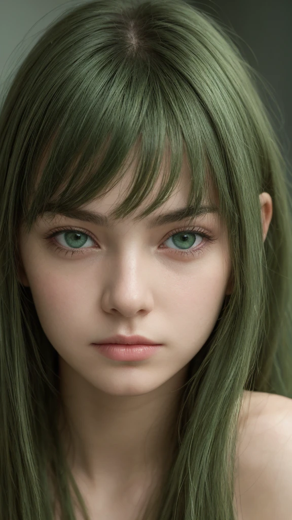 a girl. European. Extremely detailed face. Oval face. Delicate facial features. Half-closed eyes. Long straight hair. Messy hair. Bangs. Green hair. Green eyes. Angry. Shy. Straight face