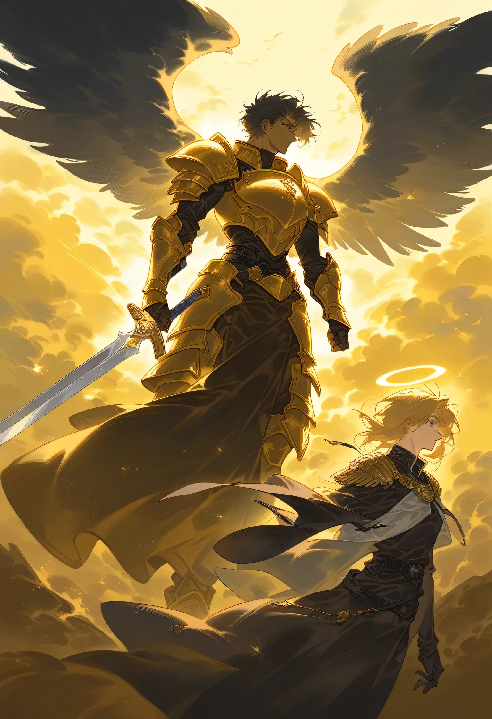 painting of a man with a sword and wings on a gold background, archangel, archangel michael, angelic golden armor, seraphim, by Yoann Lossel, ( beksinski ), armor angle with wing, artstyle zdzisław beksinski, saint michael the angel, by Donato Giancola, z. beksinski