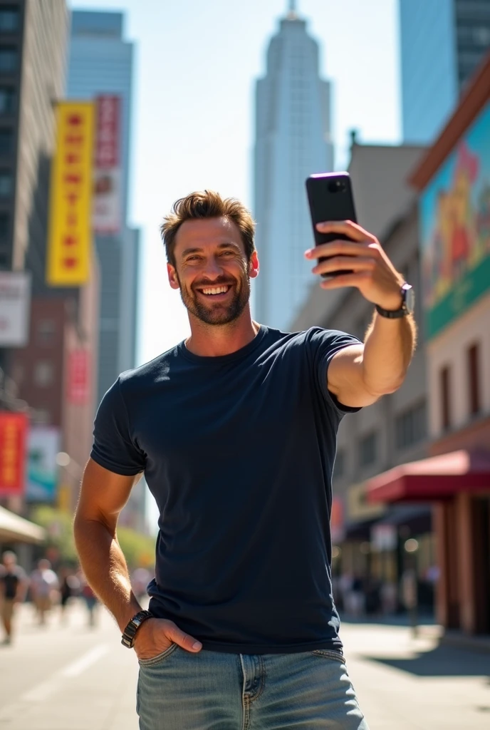 Hugh Jackman taking a selfie