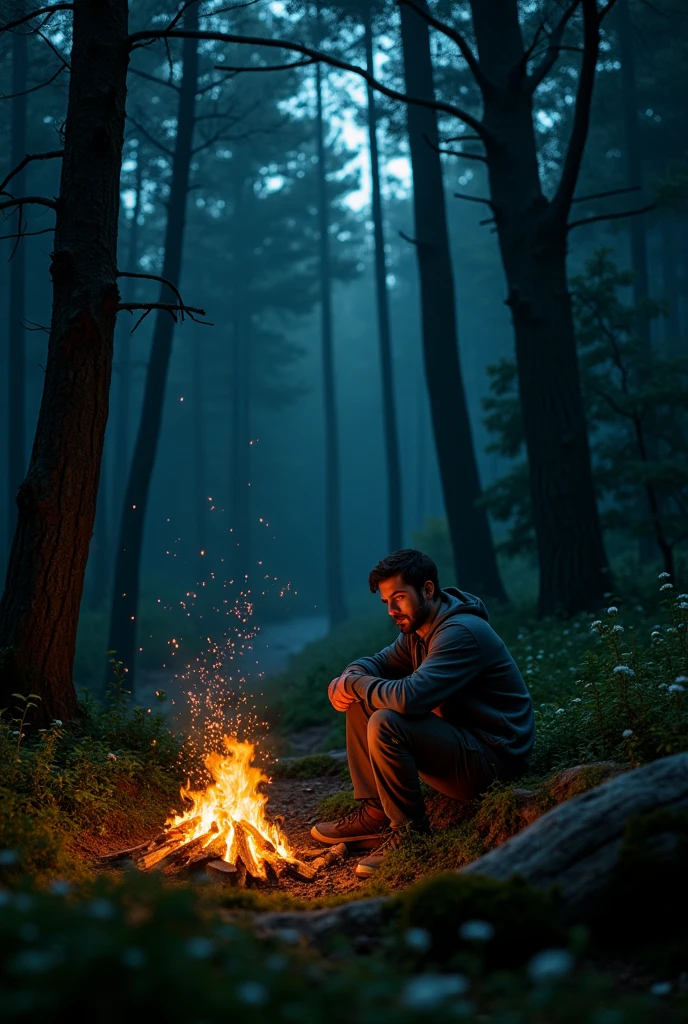 A man lost in a lonely dense forest at night with a campfire and fireflies