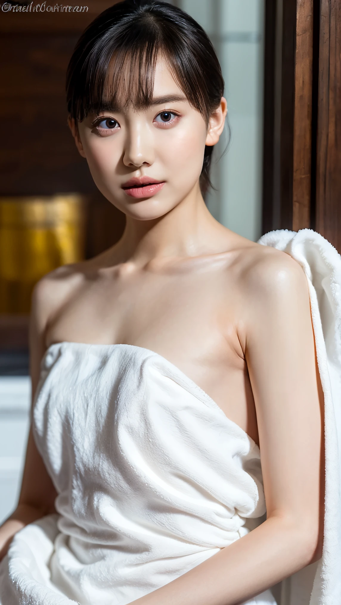 2 women、(masterpiece:1.3), (8K, Photoreal, Raw photo, best image quality: 1.4), Japanese, (2 girls), beautiful face, (lifelike face), (short hair:1.3), beautiful hairstyle, realistic eyes, beautiful eyes, (real looking skin), beautiful skin, Charm, 超A high resolution, surreal, high detail, golden ratio, detail makeup,see the beholder,medium chest、((Naked with a white towel))、wet hair、Face wet with sweat、Sweaty body、trimmed pubic hair、((whole body))、living room sofa、standing、