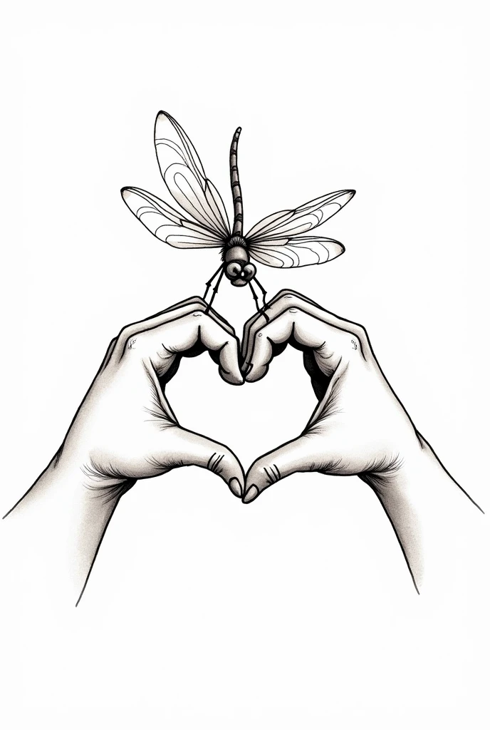 Heart shaped hands with dragonfly black and white not realistic doodle style NOT REALISTIC BLACK AND WHITE JUST STROKES]