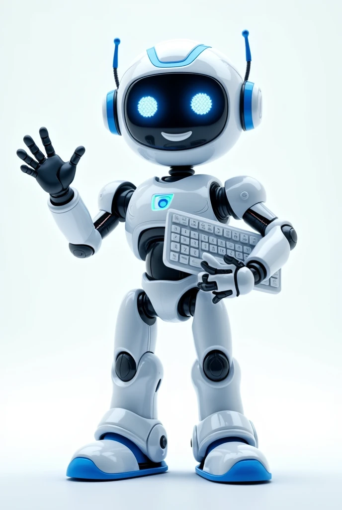 full body white and blue smiling friendly nerdy robot 3d character, one hand holding a keyboard, the other hand showing a welcome gesture, standing in front of a white background
