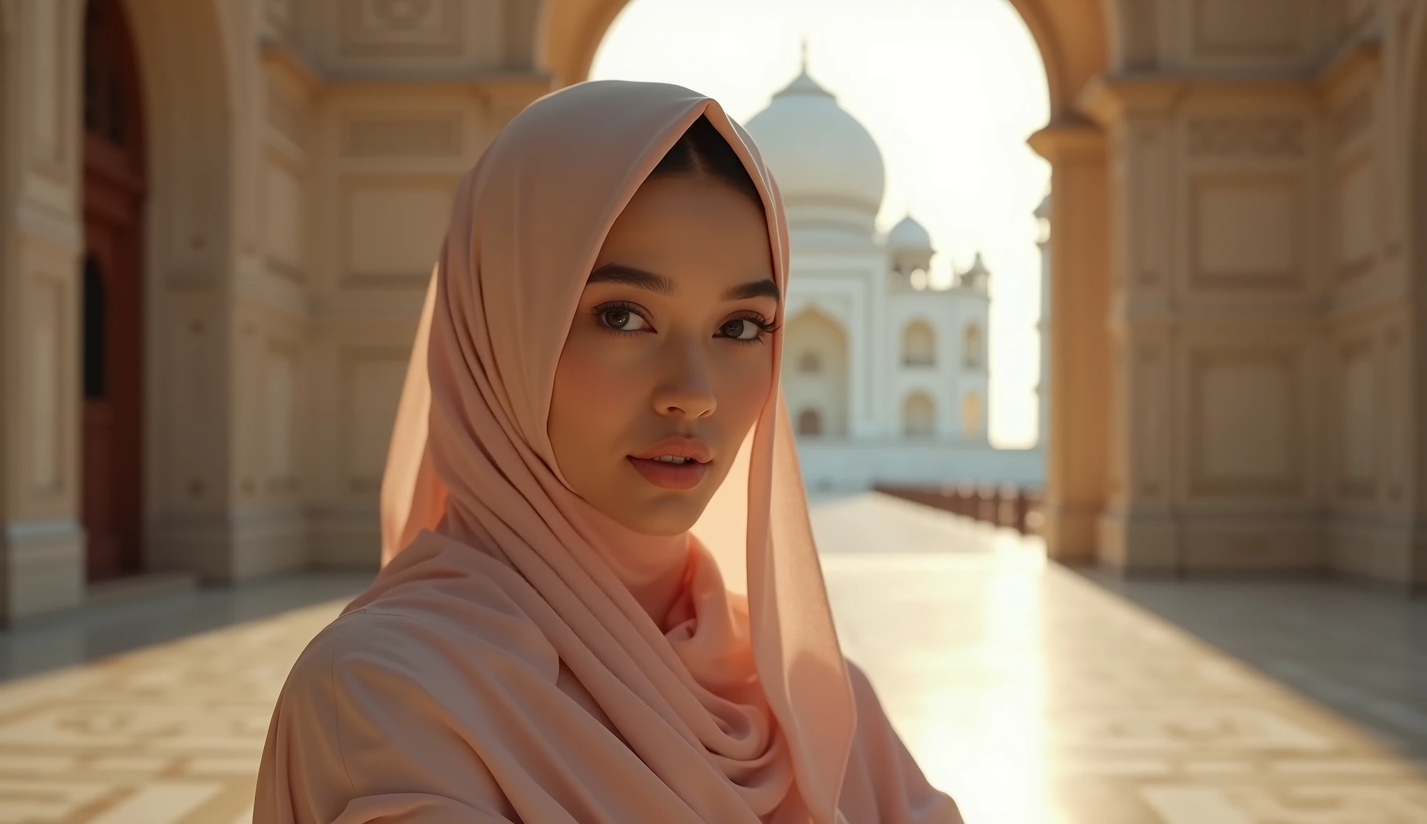 Create a photorealistic image of an Indonesian woman wearing a hijab that covers her body from head to waist. Her face is symmetrical and beautiful, with smooth white skin, and she is dressed in elegant Muslim clothing. She is sitting in the beautiful courtyard of a mosque, with the Taj Mahal in the background. The scene is illuminated with two-tone lighting and volumetric lighting, featuring a Tyndall effect. The image captures her realistic eyes with high detail, double eyelids, and realistic pupils with high detail. Her face and skin textures are depicted with high detail and are anatomically correct. The image should be in ultra HD, with 16k resolution, and include a soft bokeh effect to enhance the overall realism.