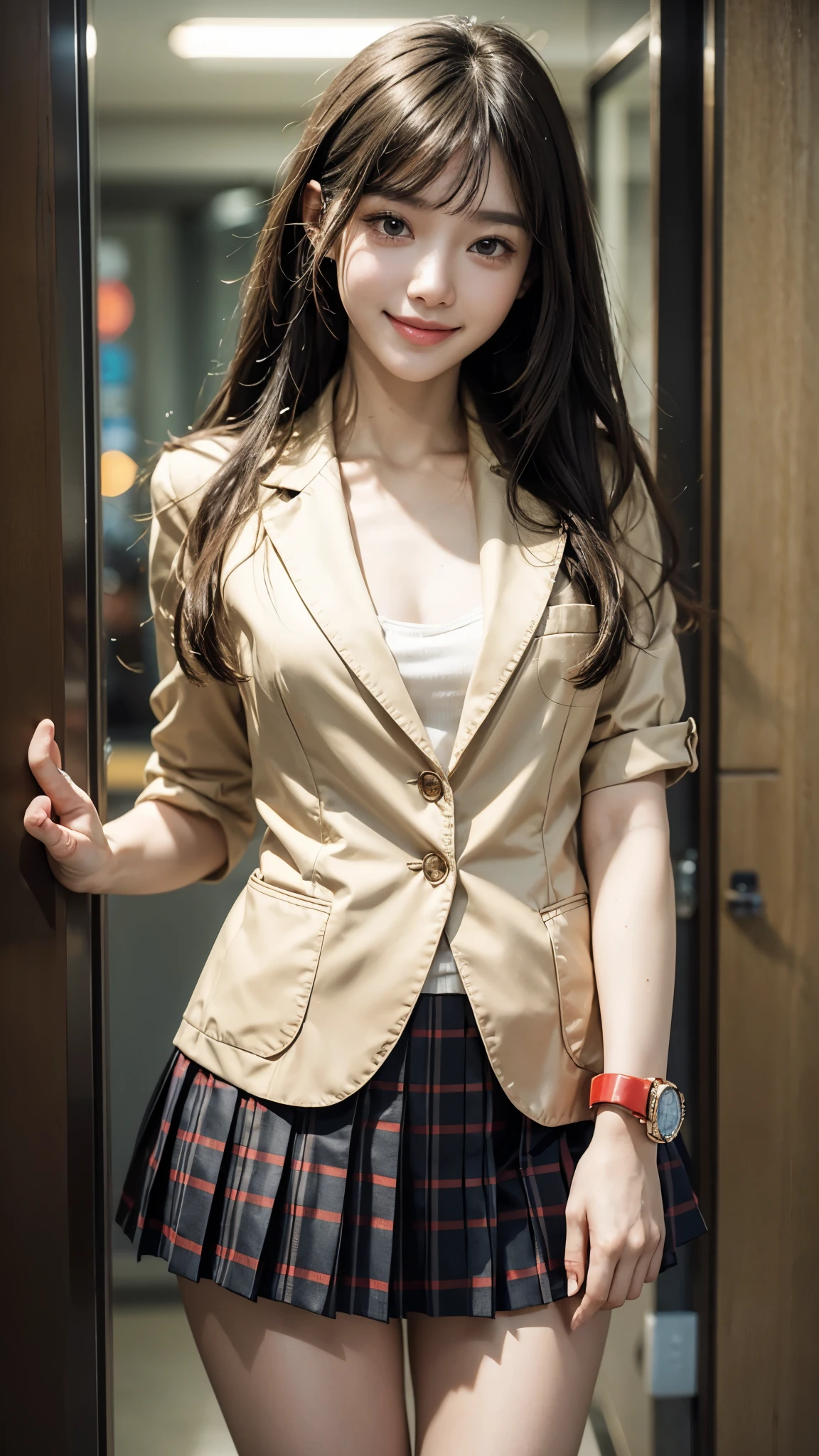 (Beautiful Woman Photo)
(Mastepiece:1.3),((Smile)),((Thin legs))Slim Body,Beautiful Japanese girl,((Smile)),Beautiful face,(Lifelike face),Beautiful delicate eyes,((High School Uniform Blazer,Red checked pleated skirt)),Realistic eyes,Beautiful skin,Realistic skin texture(Real Skin)Radiant Skin,Professional Lighting,((Jet black, glossy, straight)),((Short bangs)),Black T-shirt,Mid-chest,High resolution,Sharp Focus,Ultra high definition eyes,