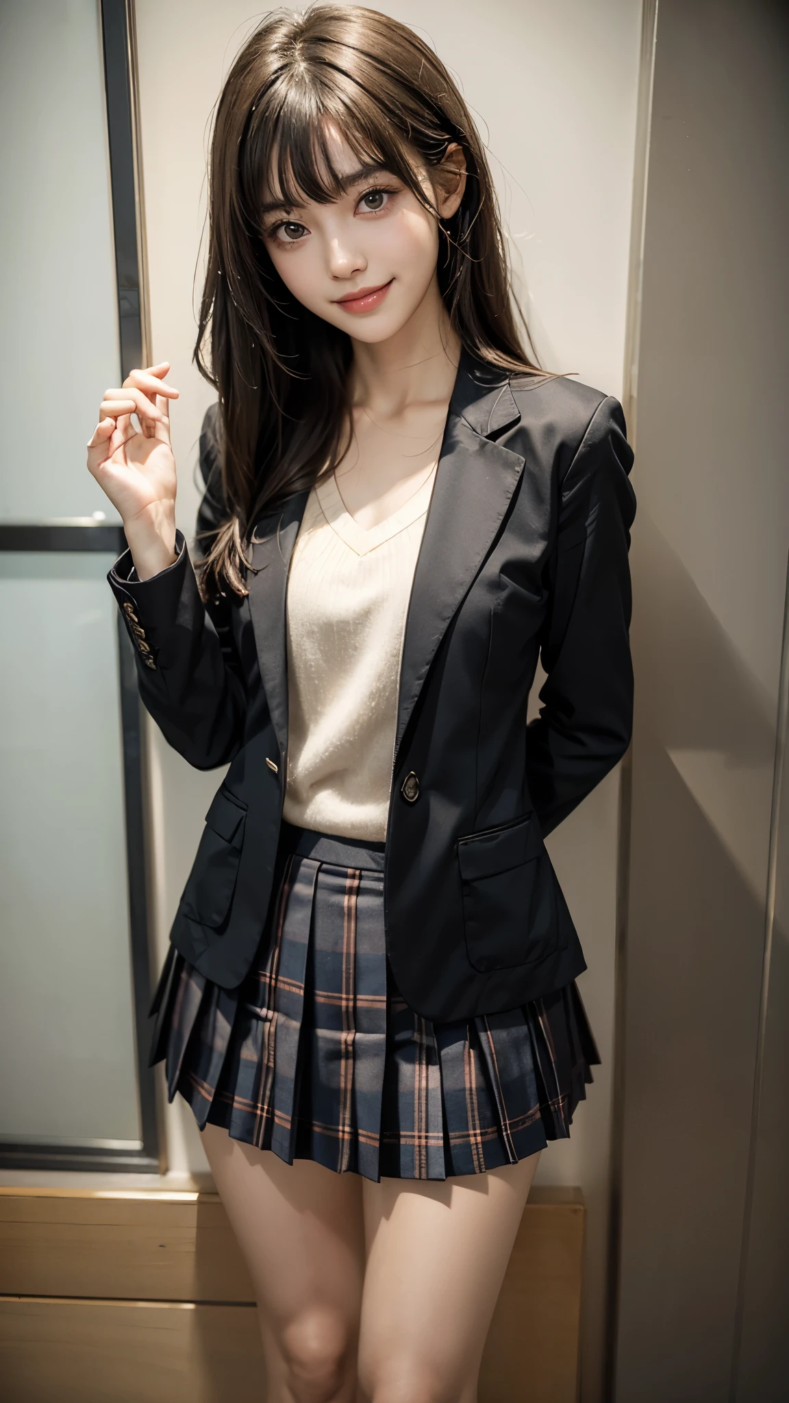 (Beautiful Woman Photo)
(Mastepiece:1.3),((Smile)),((Thin legs))Slim Body,Beautiful Japanese girl,((Smile)),Beautiful face,(Lifelike face),Beautiful delicate eyes,((High School Uniform Blazer,Red checked pleated skirt)),Realistic eyes,Beautiful skin,Realistic skin texture(Real Skin)Radiant Skin,Professional Lighting,((Jet black, glossy, straight)),((Short bangs)),Black T-shirt,Mid-chest,High resolution,Sharp Focus,Ultra high definition eyes,
