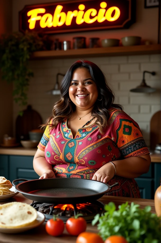Make a picture of a comal heating a fat woman and above it the name of Fabricio 