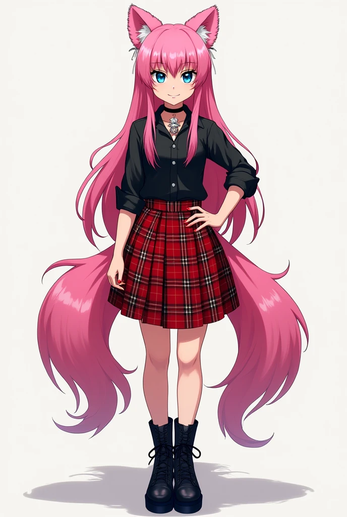 Junko Enoshima, long pink fur, 1 girl, two tails, Alone, old, blue eyes, neckline, clavicle, large old, hits, blush, Closed mouth, affected smile, looking at the viewer, Upper part of the body, bear hair ornament, nail polish, Red nails, red bow, black shirt, underwear, choker, black bra, Rolled-up sleeves, white tie, red plaid pleated skirt, , black boots with crossed laces, bright, bright hair, style both,