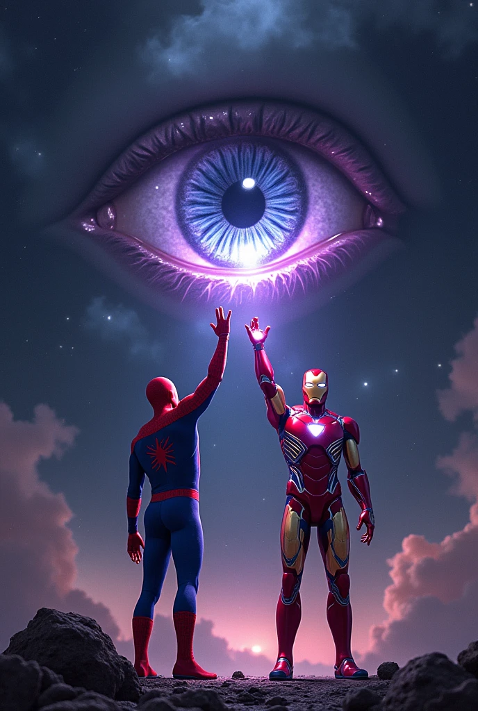 Make Spiderman and Ironman raising their hands while giving away their energy and looking at the dark sky with a cosmic dark eye, around the eyes there is black smoke 