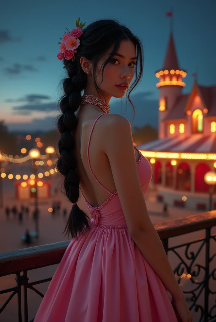 A beautiful woman, curvy body, pale skin, fine feature, sharp gaze, long hair, dark haired, one braid, show forehead, flowers choker, ancient greek clothing, backless dress, silky fabric texture, pink clothes. Outdoors, on the balcony of the circus, gothic architecture, rope lights, night sky. ((Masterpiece, Best Quality, Highest Image Quality, High Resolution, Photorealism, RAW Photos, 8k)),