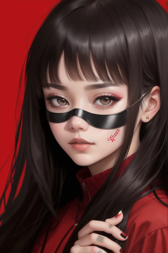 BR, 1girl, solo, black hair, mask, red background, looking at viewer, long hair, black eyes, simple background, bangs, red nails, portrait, oni mask, fingernails, bandaid, bandaid on face, grey eyes
