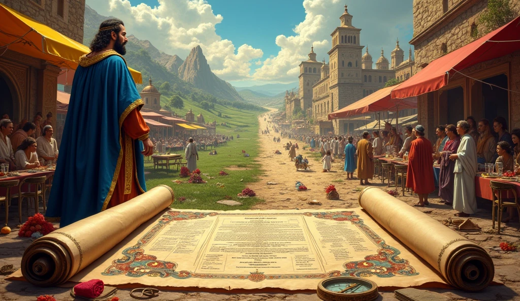 Create an image that symbolizes financial planning with a biblical twist. Show an unrolled ancient scroll with a detailed strategic plan, while Solomon, in a vibrant market scenario, observe carefully. Ao fundo, an illustrative mural divides the scene into two parts: one shows prosperity and growth, with green fields and robust buildings, representing the result of diligent planning; the other shows a barren and deteriorated landscape, representing the consequences of haste and lack of planning. Add elements like an antique compass and calculating tools to reinforce the importance of strategic and careful guidance..