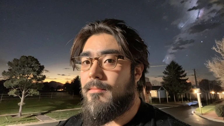 outdoors, sky, tree, night, star \(sky\), night sky, scenery, starry sky, bare tree, (Yossan), beard, Glasses, 