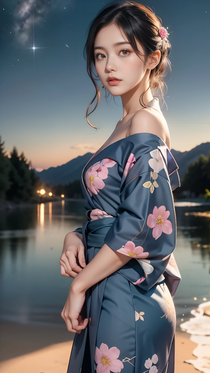 Scenery photography、wallpaper、Starry Sky、Shooting Star Road、Yukata girl、Off-shoulder