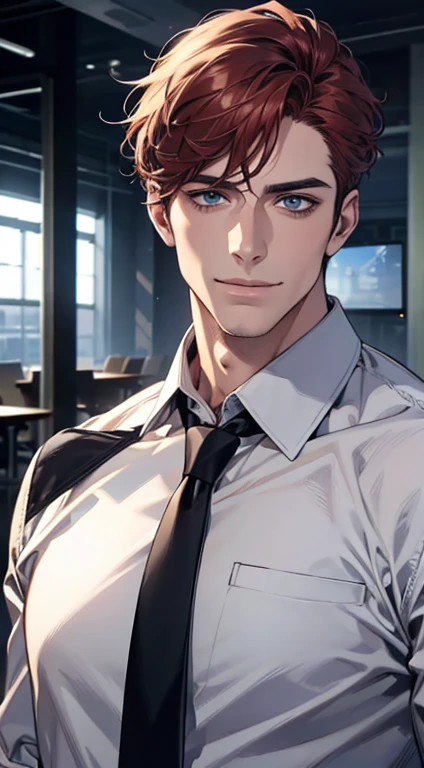 (best quality,4k,8k,highres,masterpiece:1.2),ultra-detailed,(realistic,photorealistic,photo-realistic:1.37),1 man,31 years old,mature man,very handsome,without expression,smile,short grey red hair,blue eyes,penetrating gaze,perfect face without errors,imposing posture,businessman,office background,cinematic lighting,hdr image