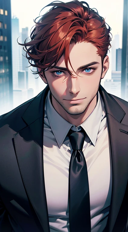 (best quality,4k,8k,highres,masterpiece:1.2),ultra-detailed,(realistic,photorealistic,photo-realistic:1.37),1 man,31 years old,mature man,very handsome,without expression,smile,short grey red hair,blue eyes,penetrating gaze,perfect face without errors,imposing posture,businessman,office background,cinematic lighting,hdr image